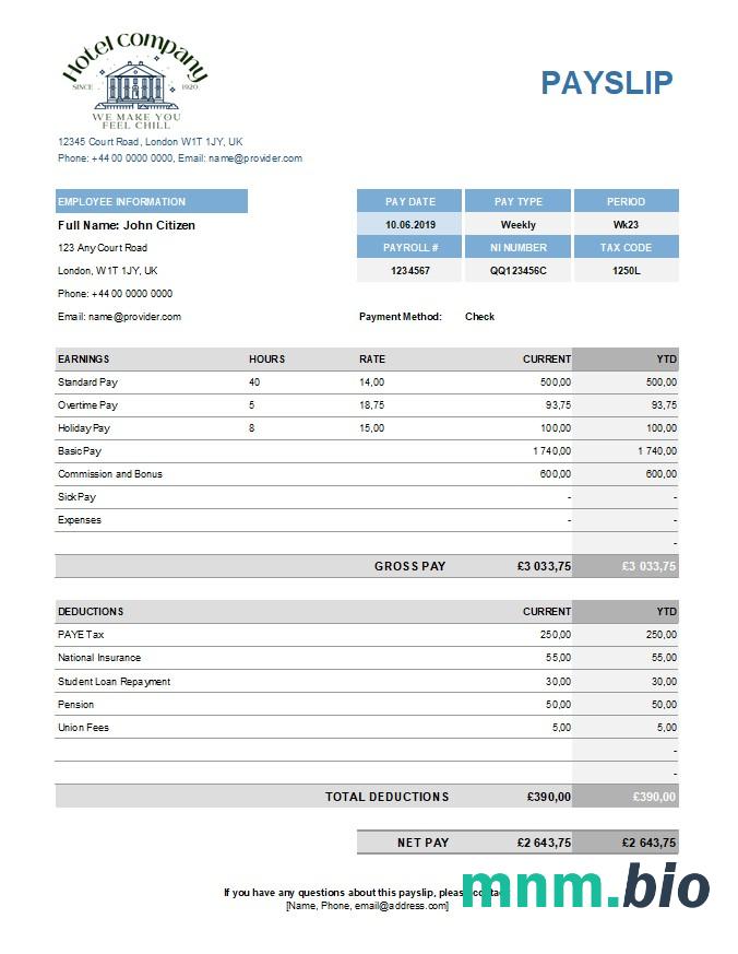szablon listy płac firmy hotelowej w formatach Excel i PDF